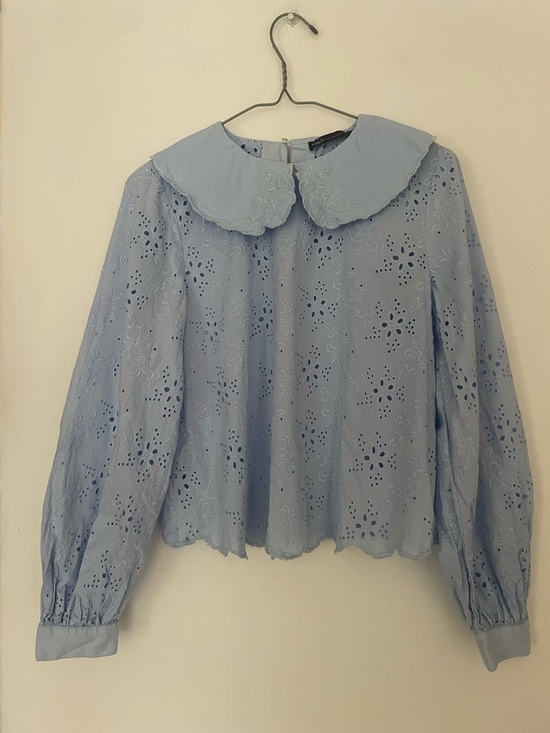 Blue Eyelet Cotton Blouse Peter Pan Collar Cottage Core Medium - Picture 5 of 7
